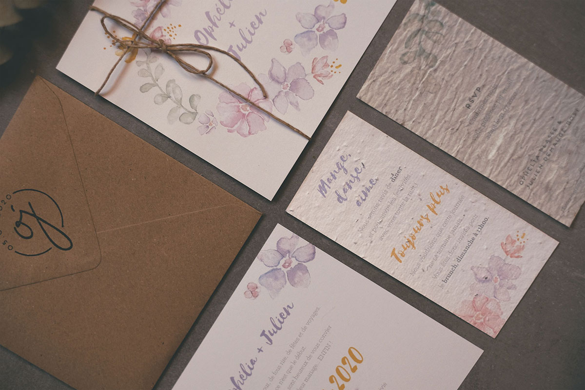Faire part mariage papier ensemencé et enveloppe kraft